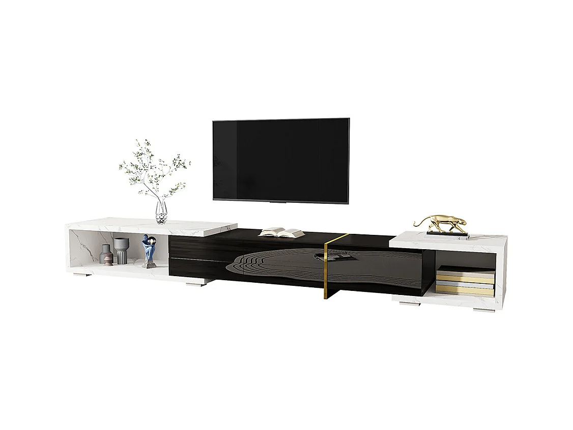 Meuble TV de longueur variable fonction pivotante aspect marbre blanc finition noire brillante mate et ornements dorés Noir