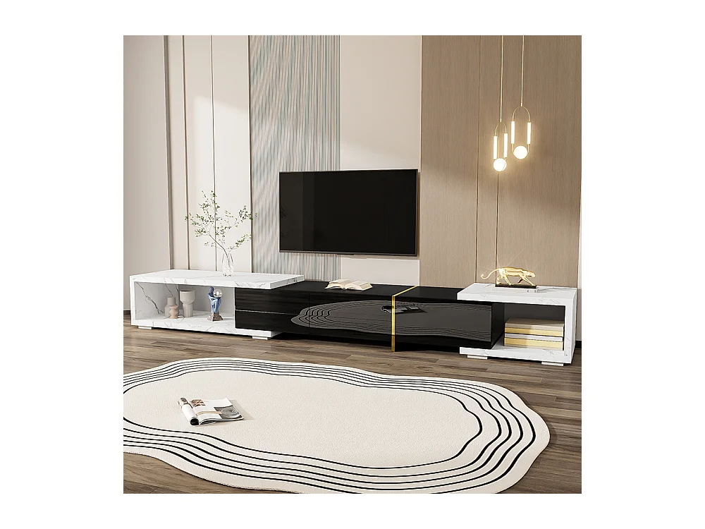 Meuble TV de longueur variable fonction pivotante aspect marbre blanc finition noire brillante mate et ornements dorés Noir