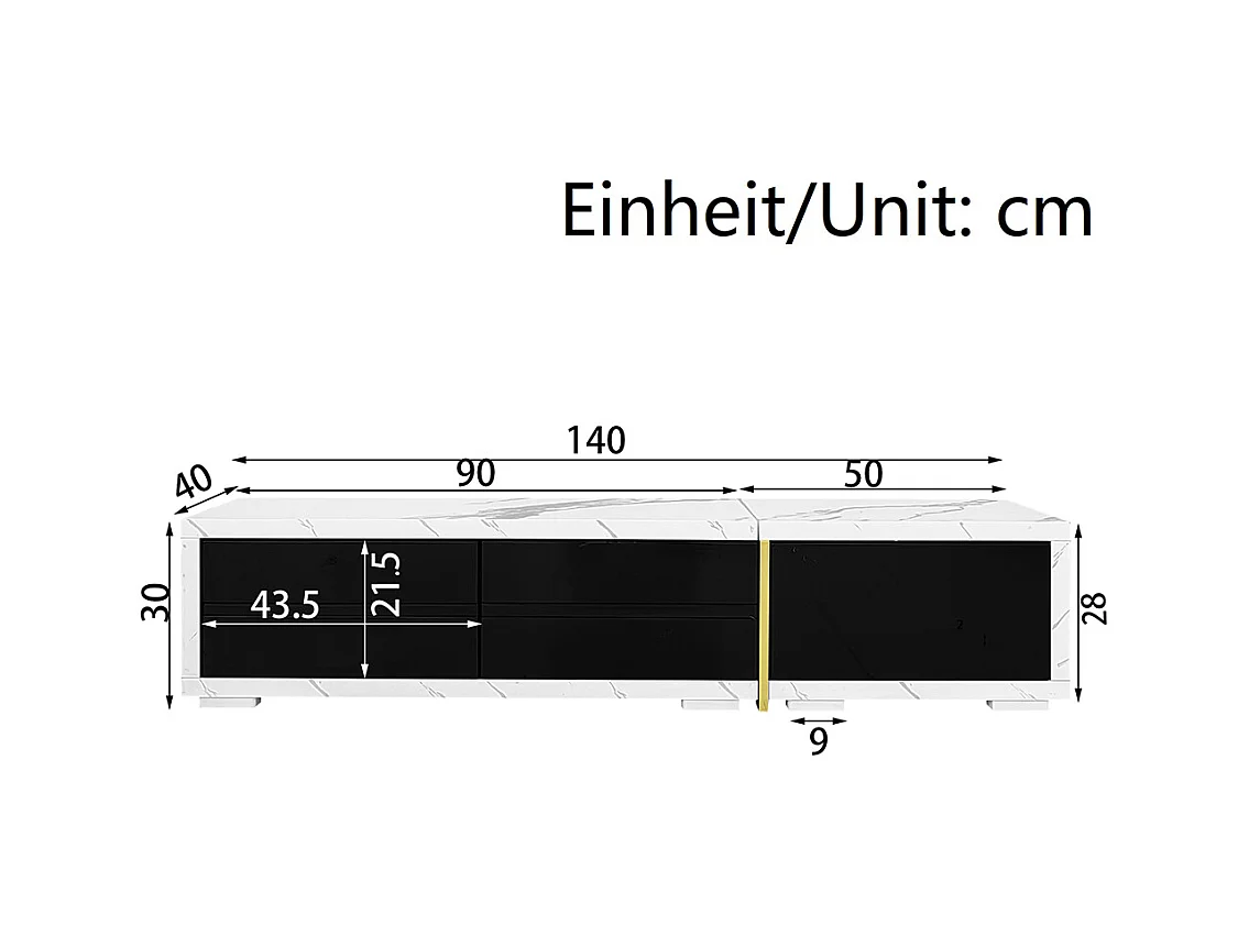 Meuble TV de longueur variable fonction pivotante aspect marbre blanc finition noire brillante mate et ornements dorés Noir