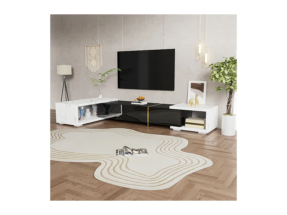 Meuble TV de longueur variable fonction pivotante aspect marbre blanc finition noire brillante mate et ornements dorés Noir