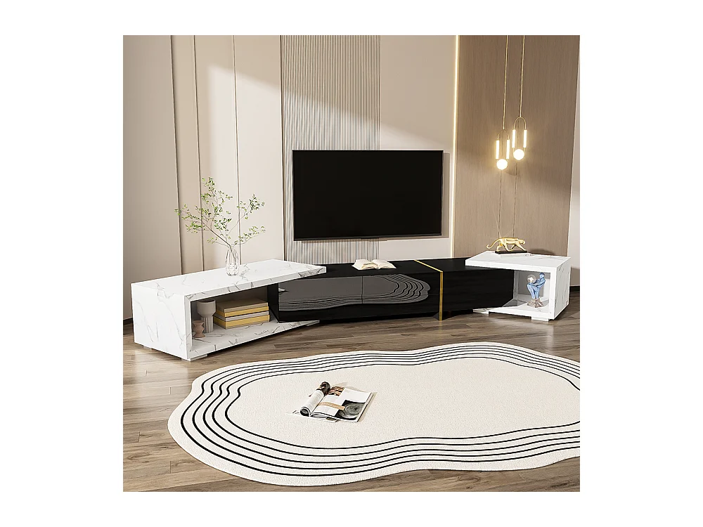 Meuble TV de longueur variable fonction pivotante aspect marbre blanc finition noire brillante mate et ornements dorés Noir