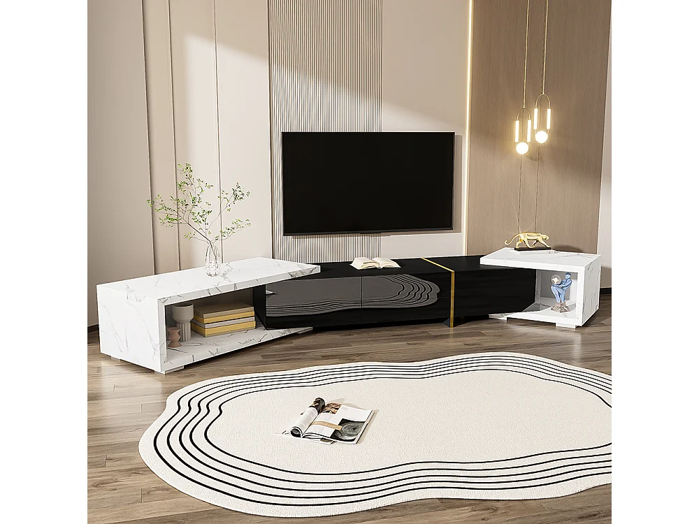 Meuble TV de longueur variable fonction pivotante aspect marbre blanc finition noire brillante mate et ornements dorés Noir