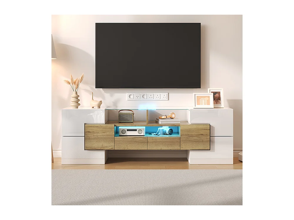 Meuble TV élégant meuble bas brillant 145 cm éclairage LED meuble de salon surface en verre élégante Blanc+Doré