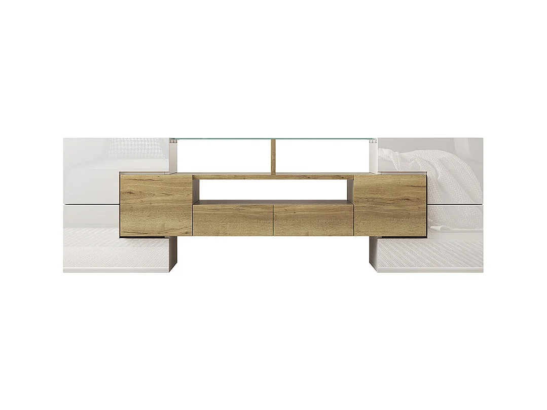 Meuble TV élégant meuble bas brillant 145 cm éclairage LED meuble de salon surface en verre élégante Blanc+Doré