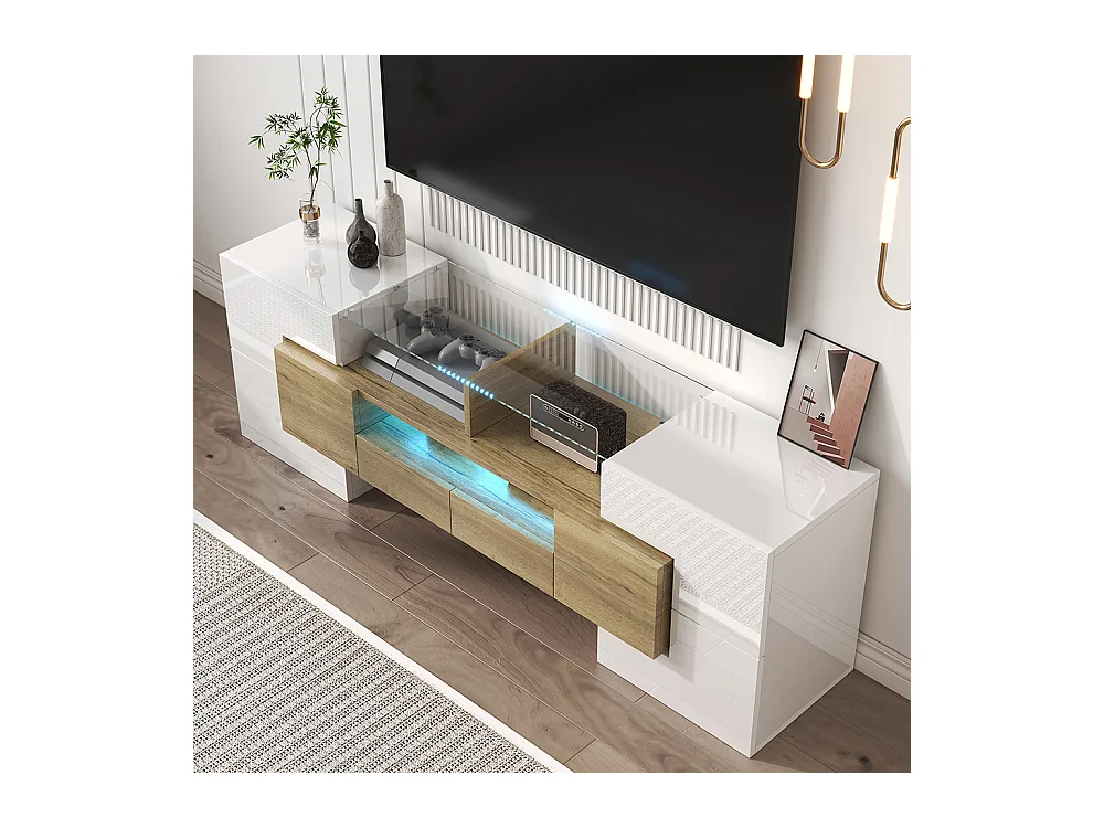 Meuble TV élégant meuble bas brillant 145 cm éclairage LED meuble de salon surface en verre élégante Blanc+Doré