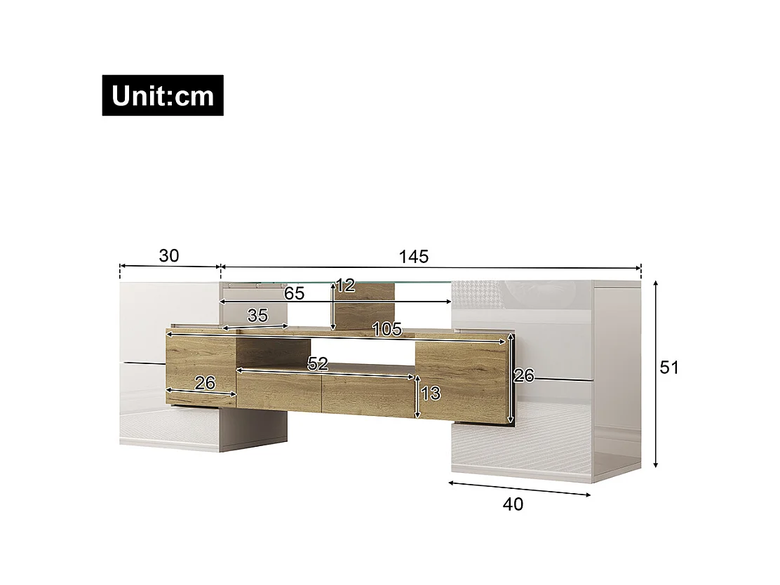 Meuble TV élégant meuble bas brillant 145 cm éclairage LED meuble de salon surface en verre élégante Blanc+Doré