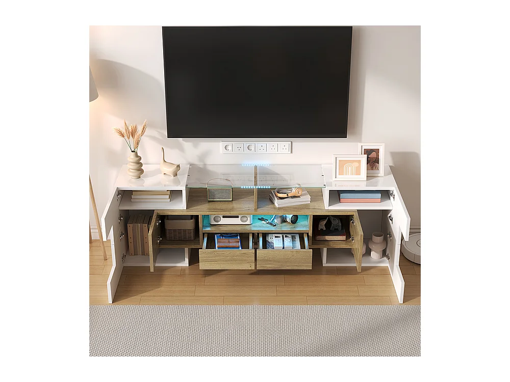 Meuble TV élégant meuble bas brillant 145 cm éclairage LED meuble de salon surface en verre élégante Blanc+Doré