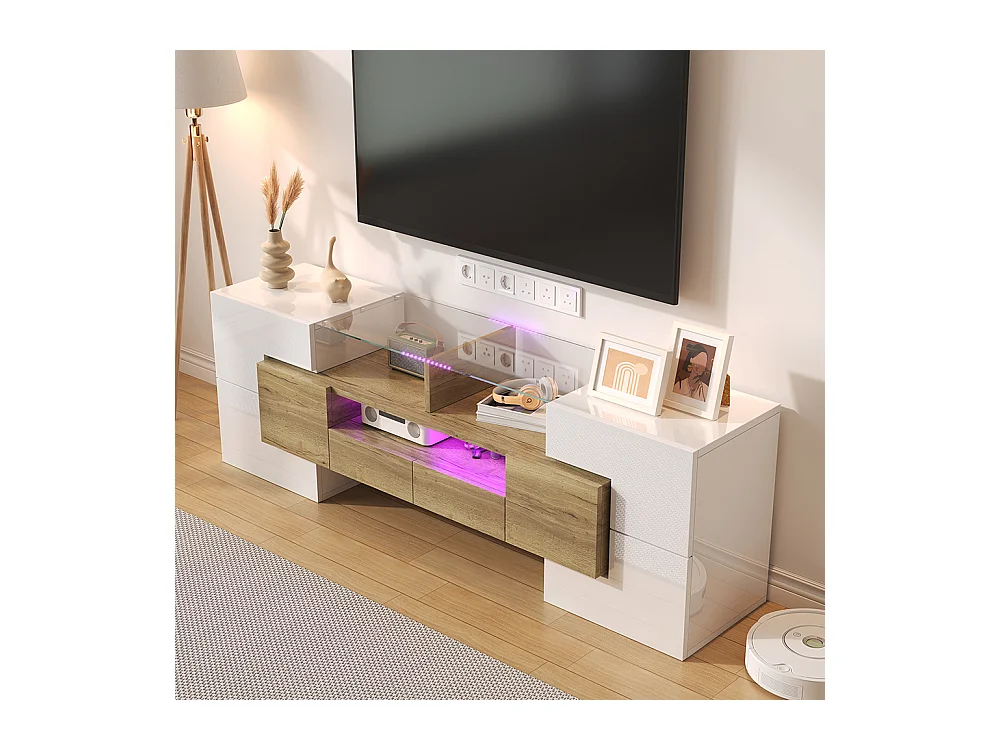 Meuble TV élégant meuble bas brillant 145 cm éclairage LED meuble de salon surface en verre élégante Blanc+Doré