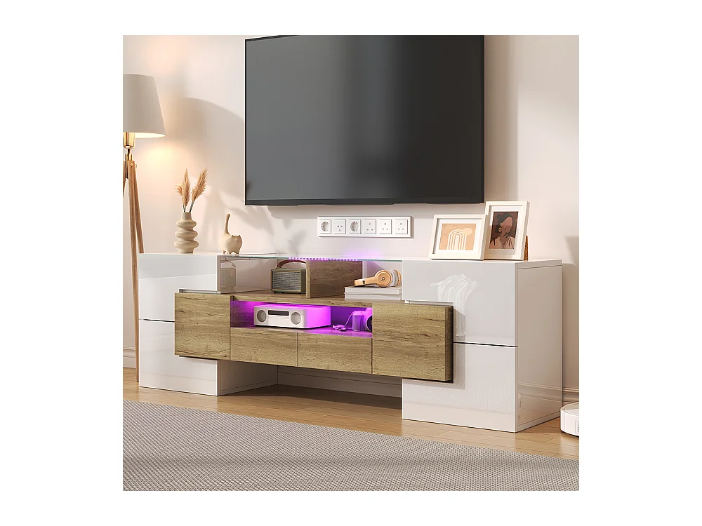 Meuble TV élégant meuble bas brillant 145 cm éclairage LED meuble de salon surface en verre élégante Blanc+Doré