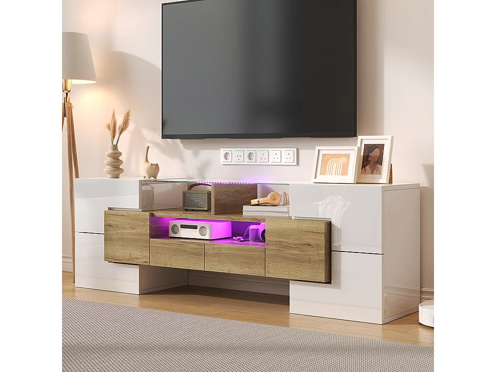 Meuble TV élégant meuble bas brillant 145 cm éclairage LED meuble de salon surface en verre élégante Blanc+Doré