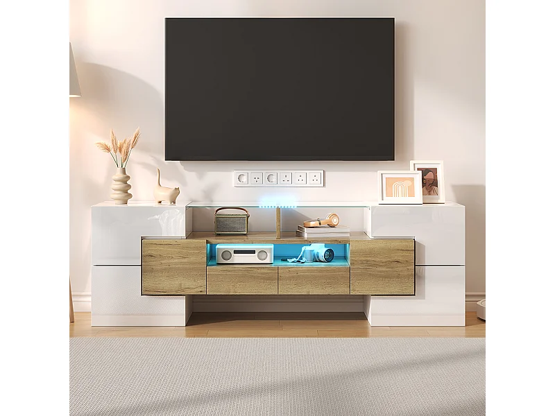 Meuble TV élégant meuble bas brillant 145 cm éclairage LED meuble de salon surface en verre élégante Blanc+Doré