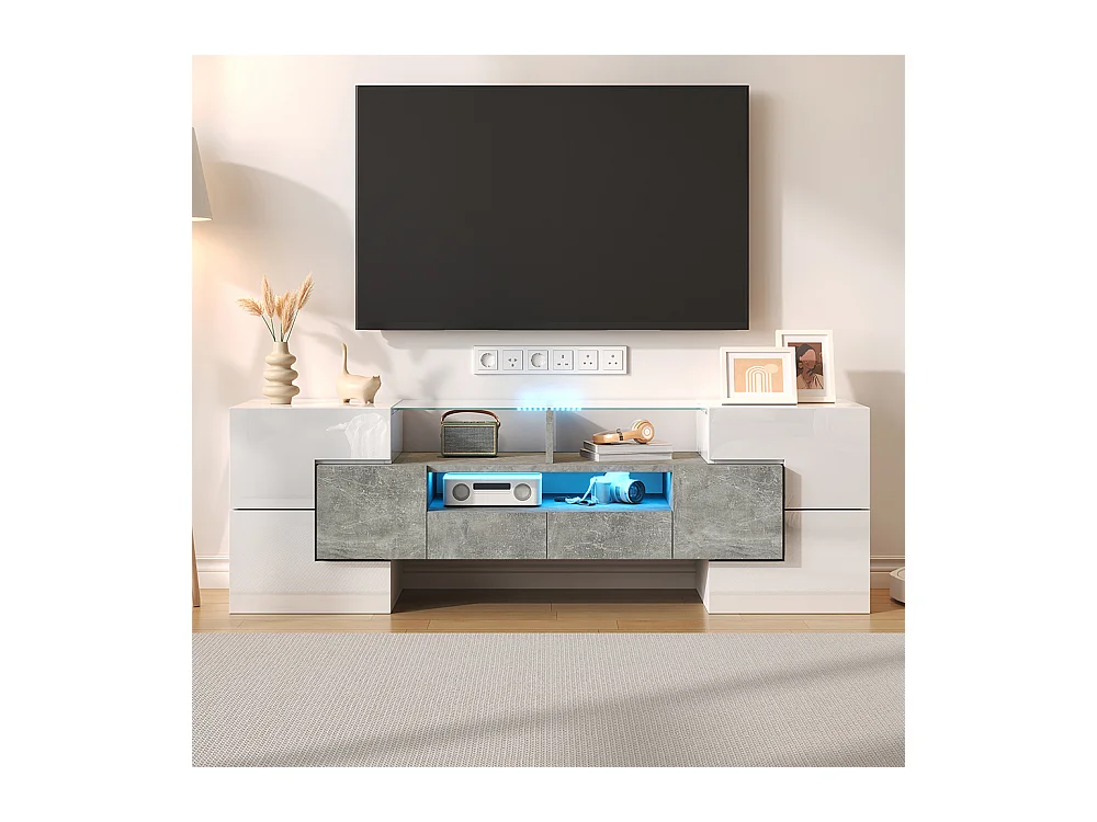 Meuble TV élégant meuble bas brillant 145 cm éclairage LED meuble de salon surface en verre élégante Blanc