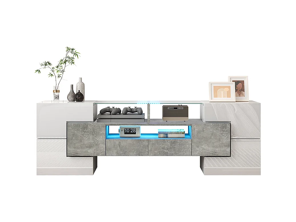 Meuble TV élégant meuble bas brillant 145 cm éclairage LED meuble de salon surface en verre élégante Blanc