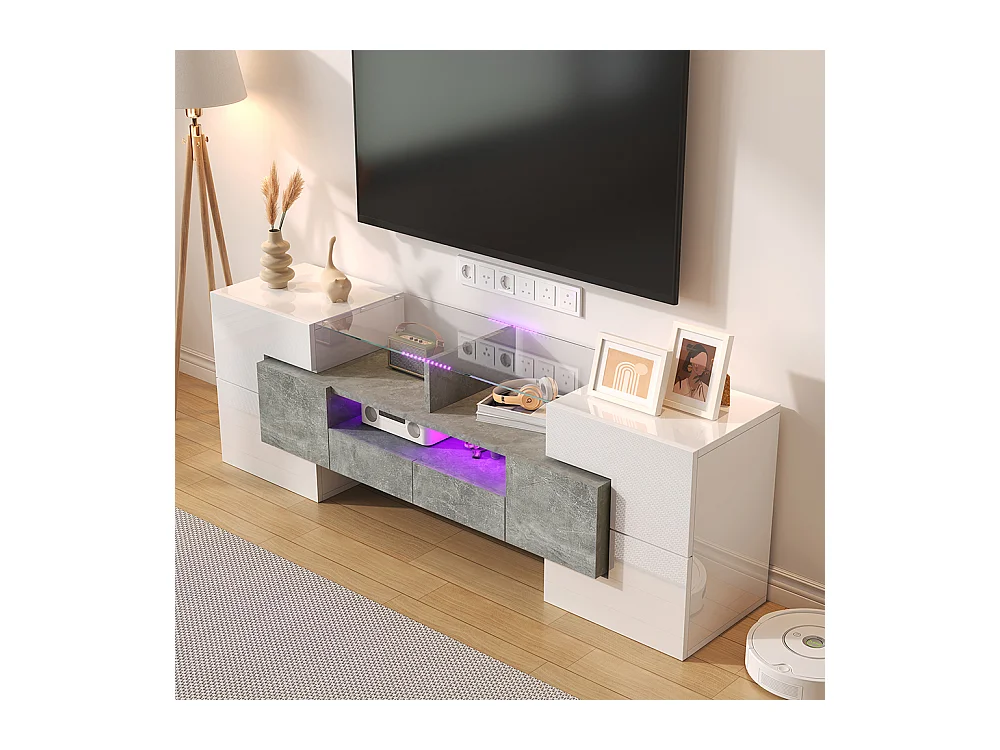 Meuble TV élégant meuble bas brillant 145 cm éclairage LED meuble de salon surface en verre élégante Blanc