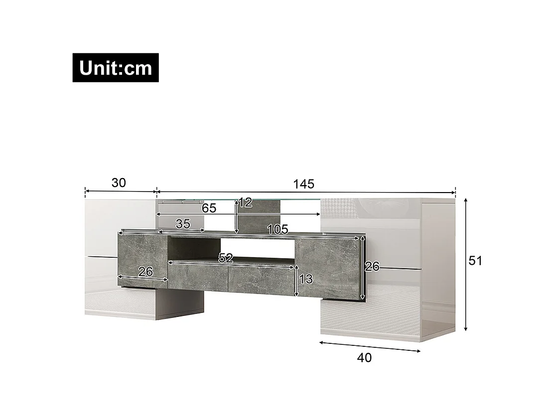 Meuble TV élégant meuble bas brillant 145 cm éclairage LED meuble de salon surface en verre élégante Blanc