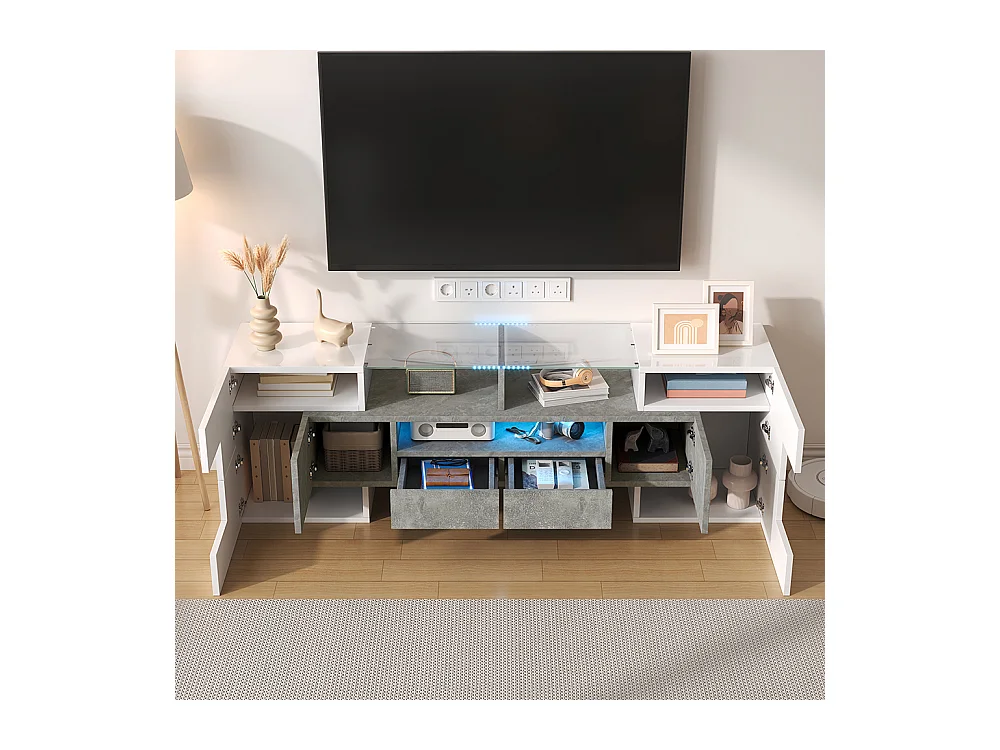 Meuble TV élégant meuble bas brillant 145 cm éclairage LED meuble de salon surface en verre élégante Blanc