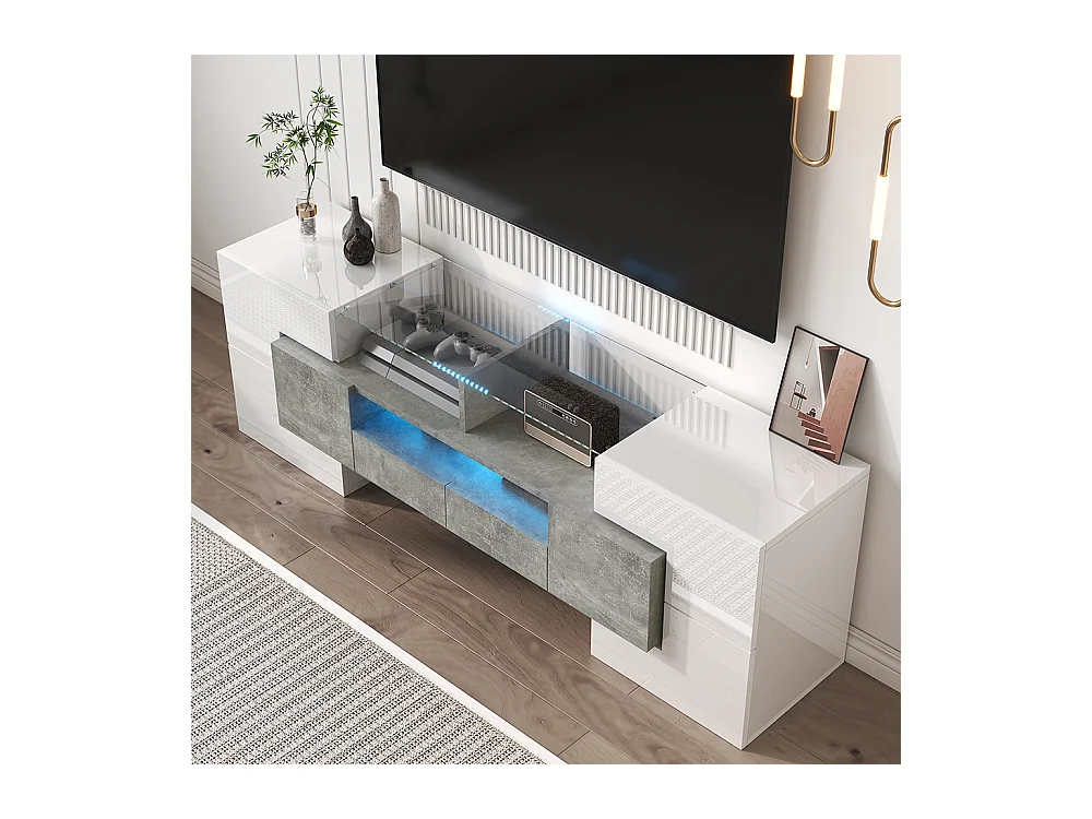 Meuble TV élégant meuble bas brillant 145 cm éclairage LED meuble de salon surface en verre élégante Blanc