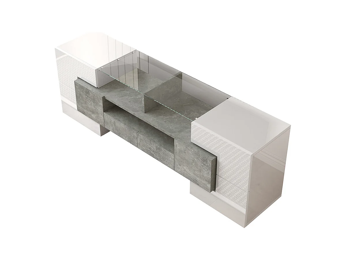 Meuble TV élégant meuble bas brillant 145 cm éclairage LED meuble de salon surface en verre élégante Blanc