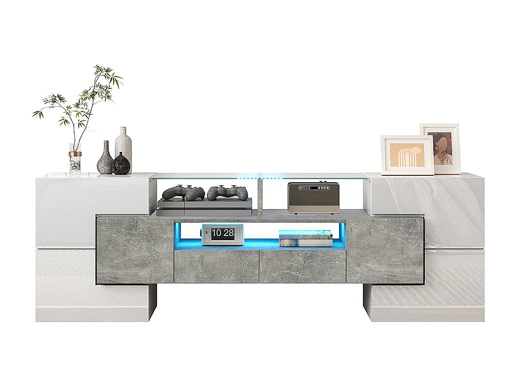 Meuble TV élégant meuble bas brillant 145 cm éclairage LED meuble de salon surface en verre élégante Blanc