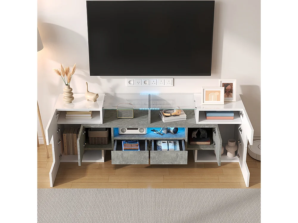 Meuble TV élégant meuble bas brillant 145 cm éclairage LED meuble de salon surface en verre élégante Blanc