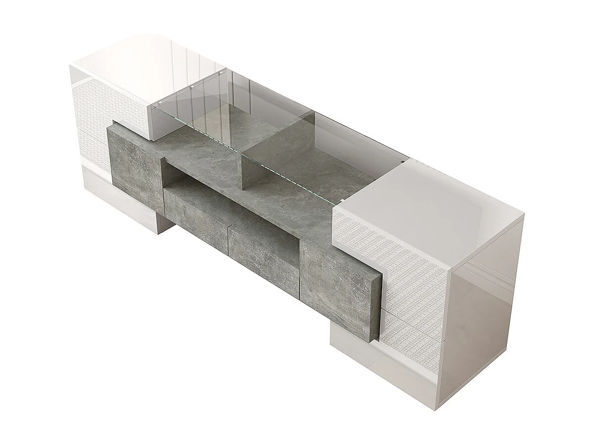 Meuble TV élégant meuble bas brillant 145 cm éclairage LED meuble de salon surface en verre élégante Blanc