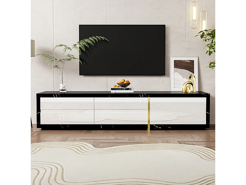 Meuble TV de longueur variable fonction pivotante aspect marbre noir finition mate brillante noire et ornements dorés Blanc+Noir