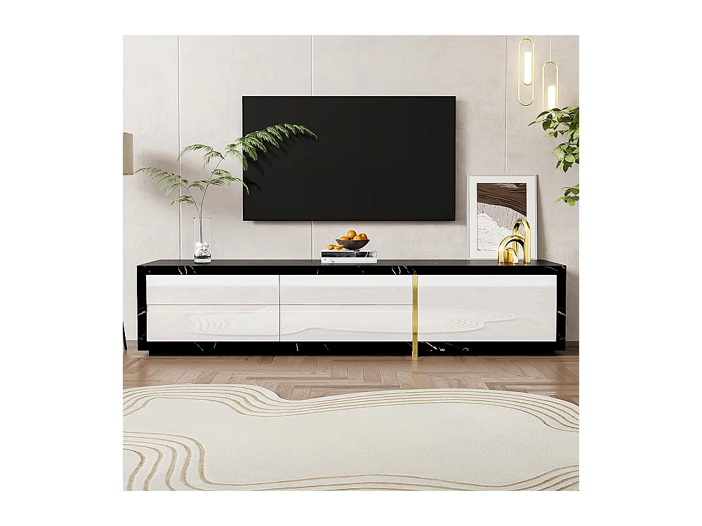 Meuble TV de longueur variable fonction pivotante aspect marbre noir finition mate brillante noire et ornements dorés Blanc+Noir