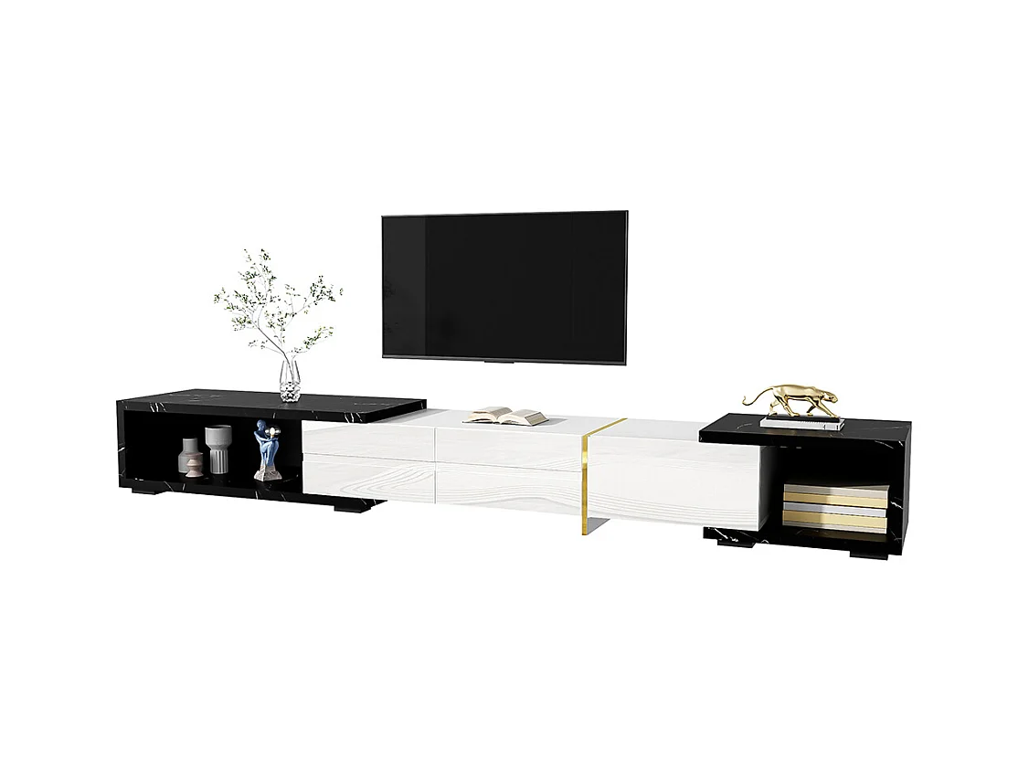 Meuble TV de longueur variable fonction pivotante aspect marbre noir finition mate brillante noire et ornements dorés Blanc+Noir