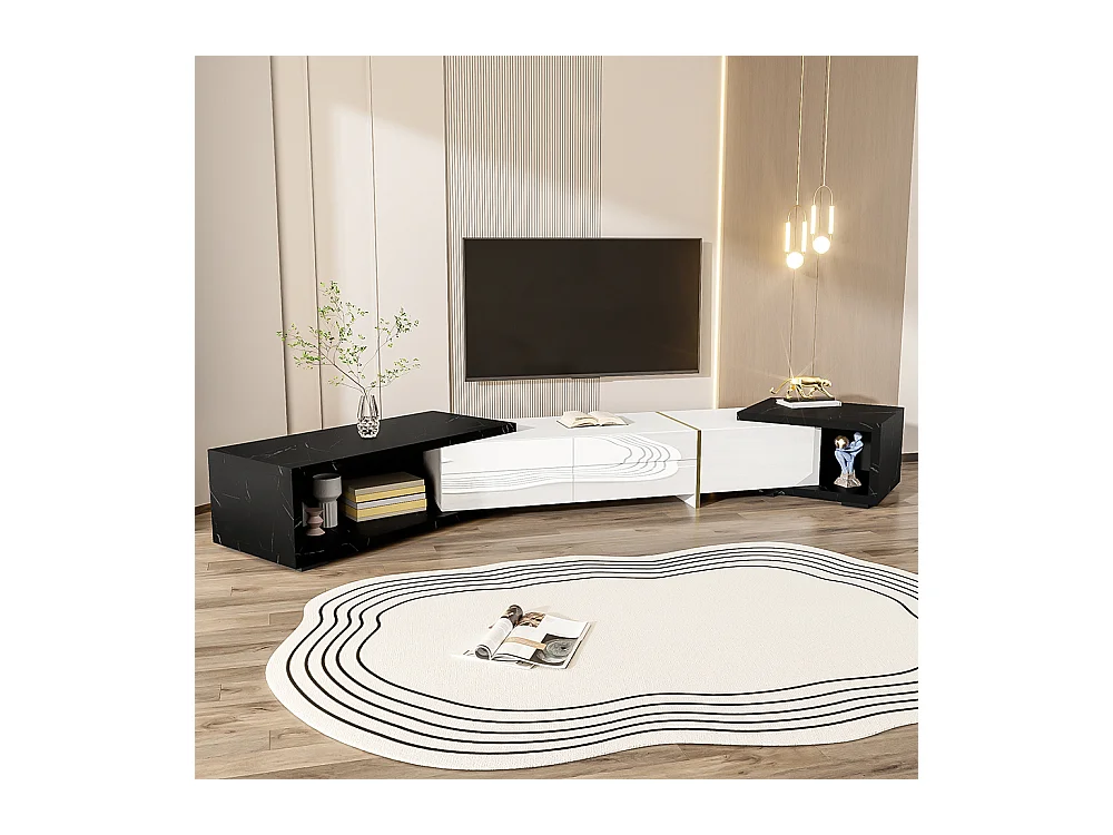 Meuble TV de longueur variable fonction pivotante aspect marbre noir finition mate brillante noire et ornements dorés Blanc+Noir