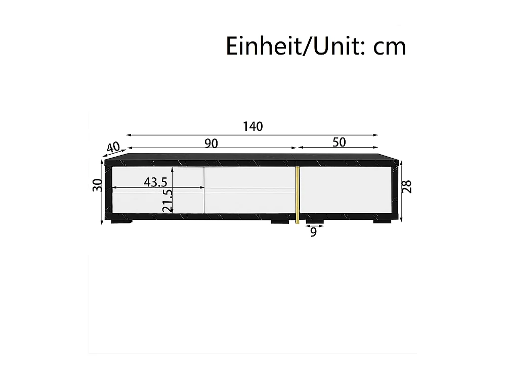 Meuble TV de longueur variable fonction pivotante aspect marbre noir finition mate brillante noire et ornements dorés Blanc+Noir