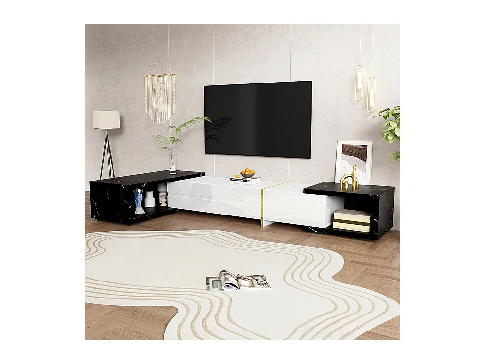 Meuble TV de longueur variable fonction pivotante aspect marbre noir finition mate brillante noire et ornements dorés Blanc+Noir