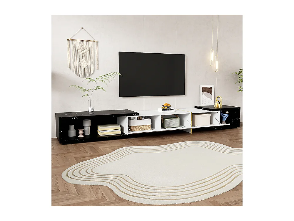 Meuble TV de longueur variable fonction pivotante aspect marbre noir finition mate brillante noire et ornements dorés Blanc+Noir