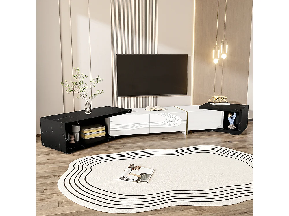 Meuble TV de longueur variable fonction pivotante aspect marbre noir finition mate brillante noire et ornements dorés Blanc+Noir