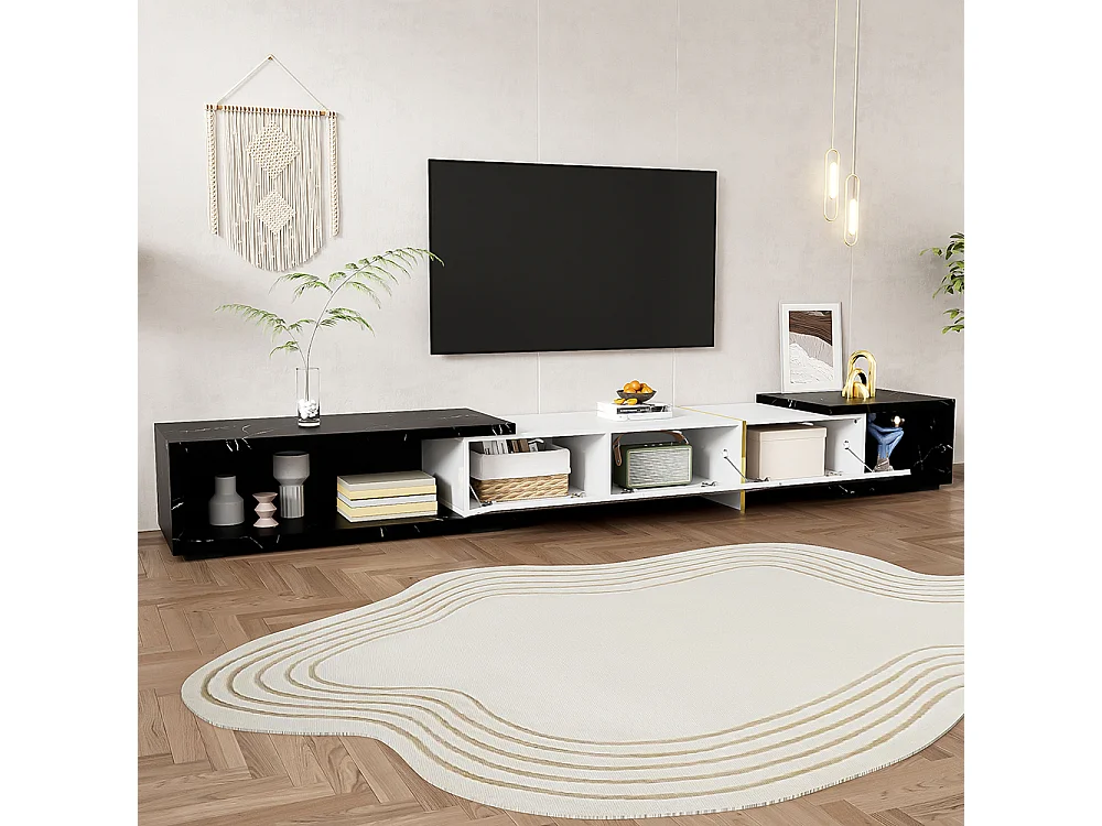 Meuble TV de longueur variable fonction pivotante aspect marbre noir finition mate brillante noire et ornements dorés Blanc+Noir