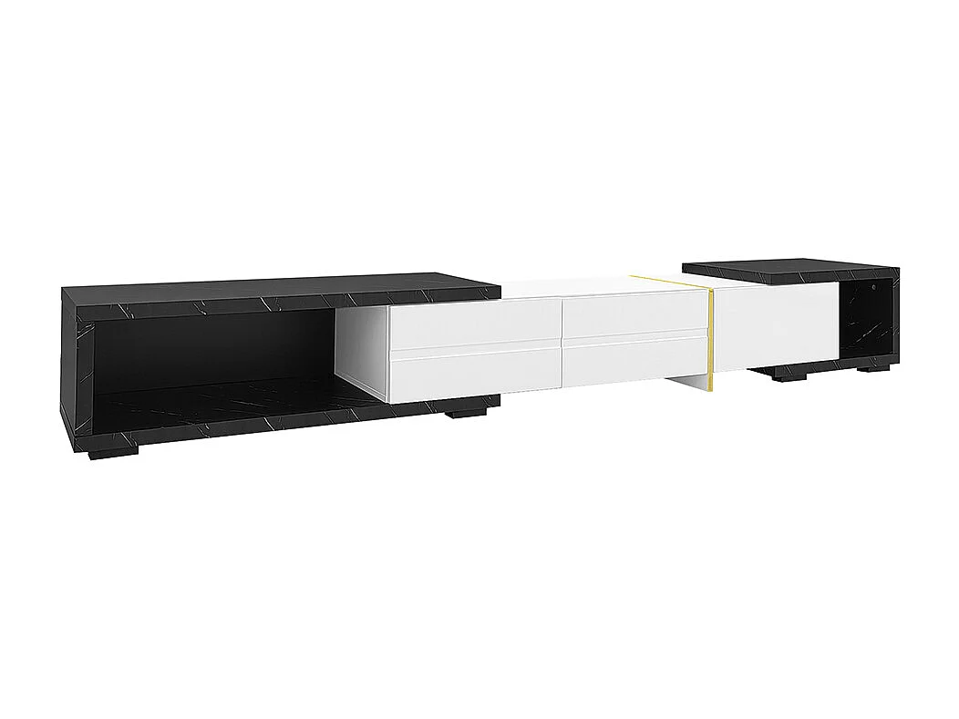 Meuble TV de longueur variable fonction pivotante aspect marbre noir finition mate brillante noire et ornements dorés Blanc+Noir