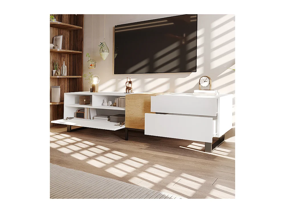Meuble TV moderne blanc et aspect bois design minimaliste Blanc