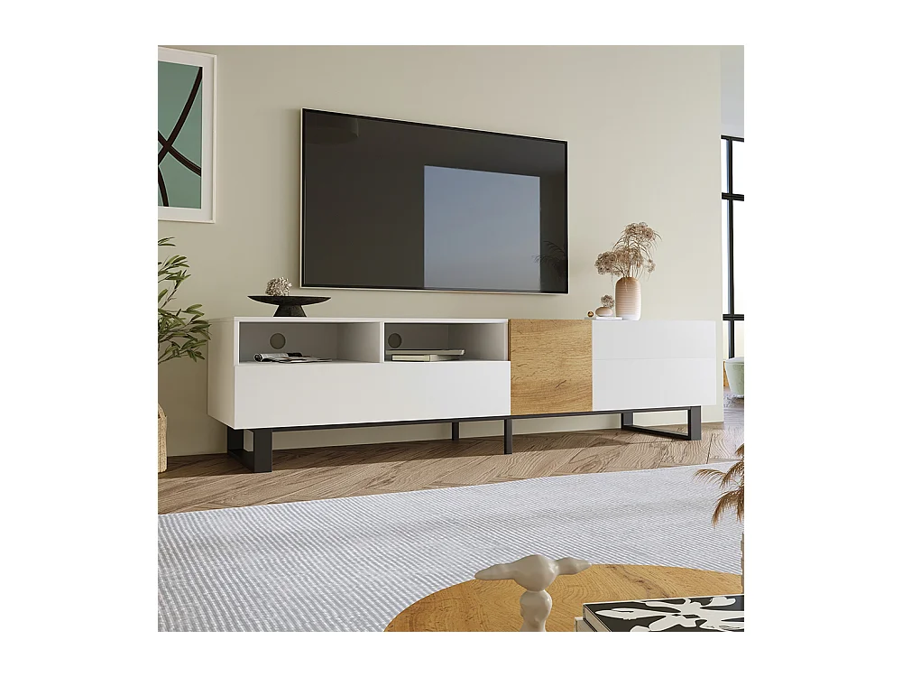 Meuble TV moderne blanc et aspect bois design minimaliste Blanc