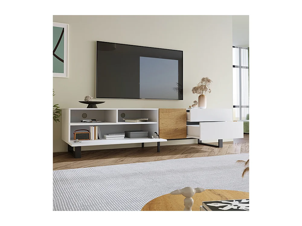Meuble TV moderne blanc et aspect bois design minimaliste Blanc