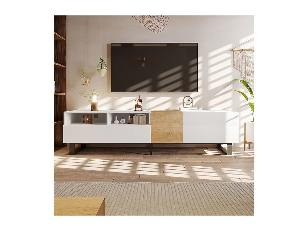 Meuble TV moderne blanc et aspect bois design minimaliste Blanc