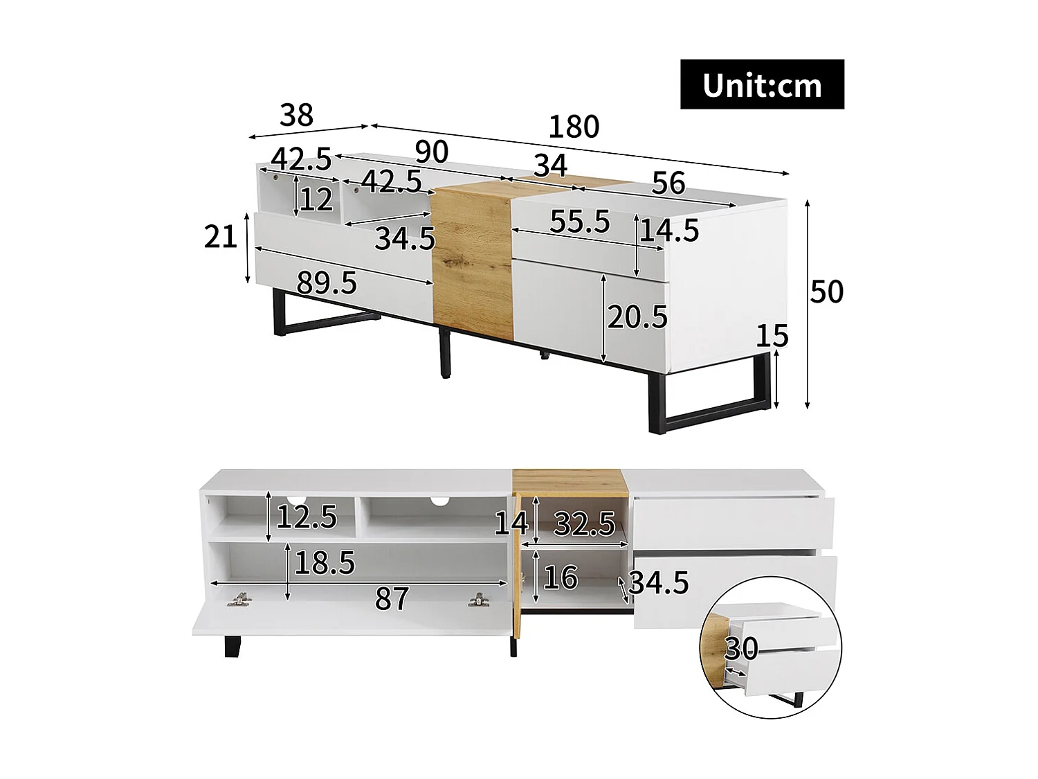 Meuble TV moderne blanc et aspect bois design minimaliste Blanc