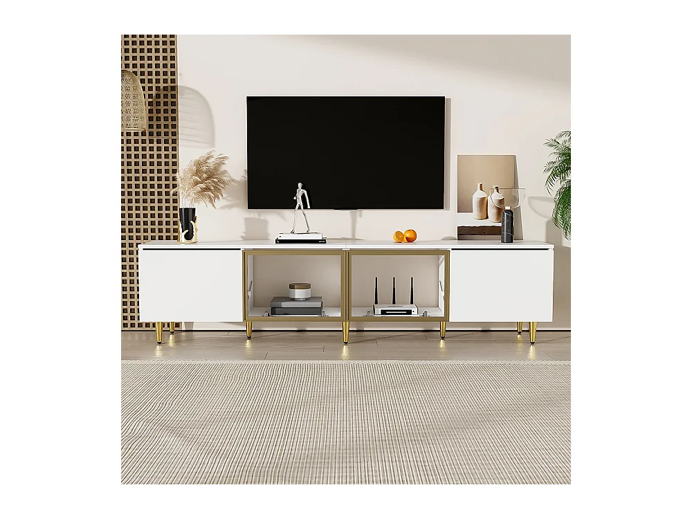 Meuble TV de 170 cm sur pied ou mural 4 portes (2 portes vitrées) Blanc