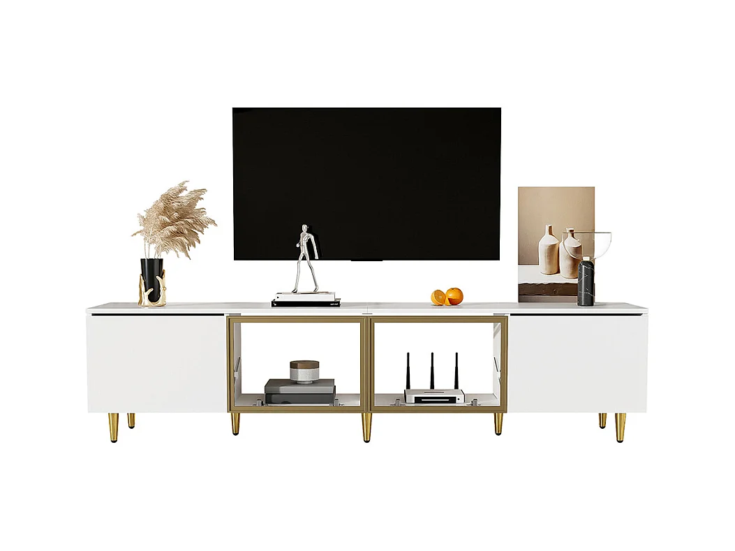 Meuble TV de 170 cm sur pied ou mural 4 portes (2 portes vitrées) Blanc