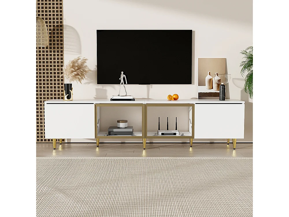 Meuble TV de 170 cm sur pied ou mural 4 portes (2 portes vitrées) Blanc