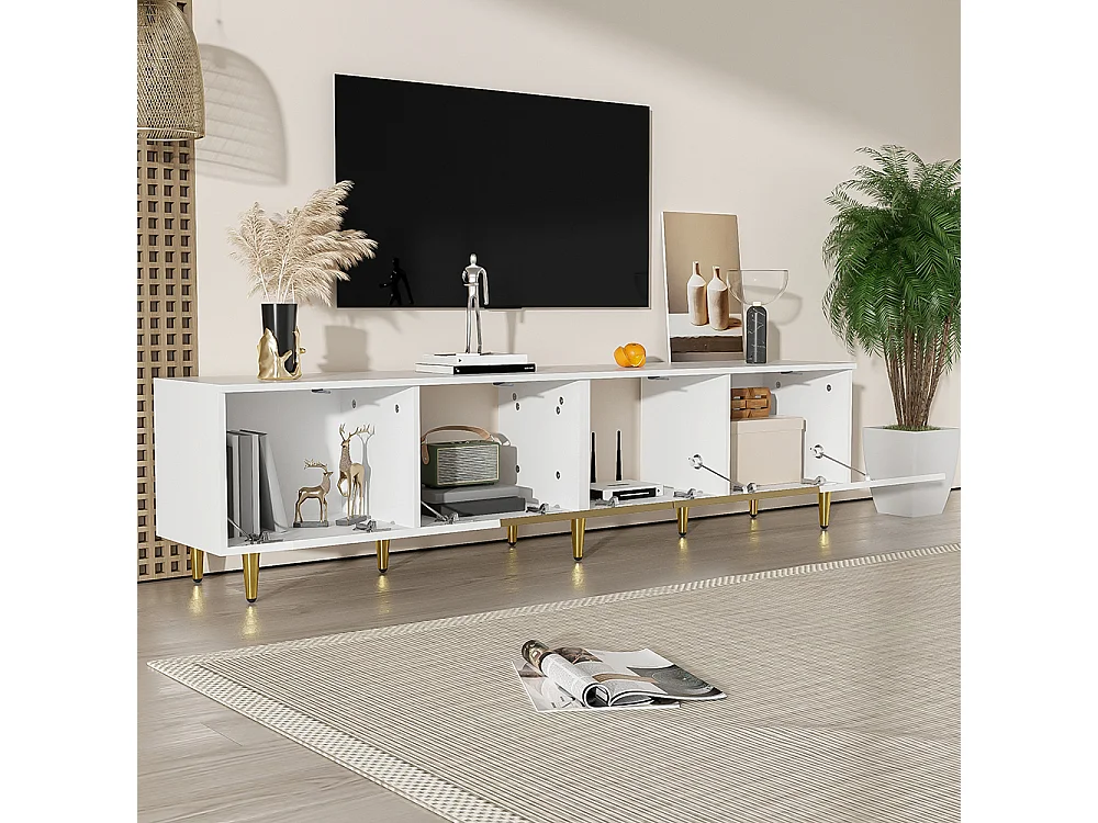 Meuble TV de 170 cm sur pied ou mural 4 portes (2 portes vitrées) Blanc