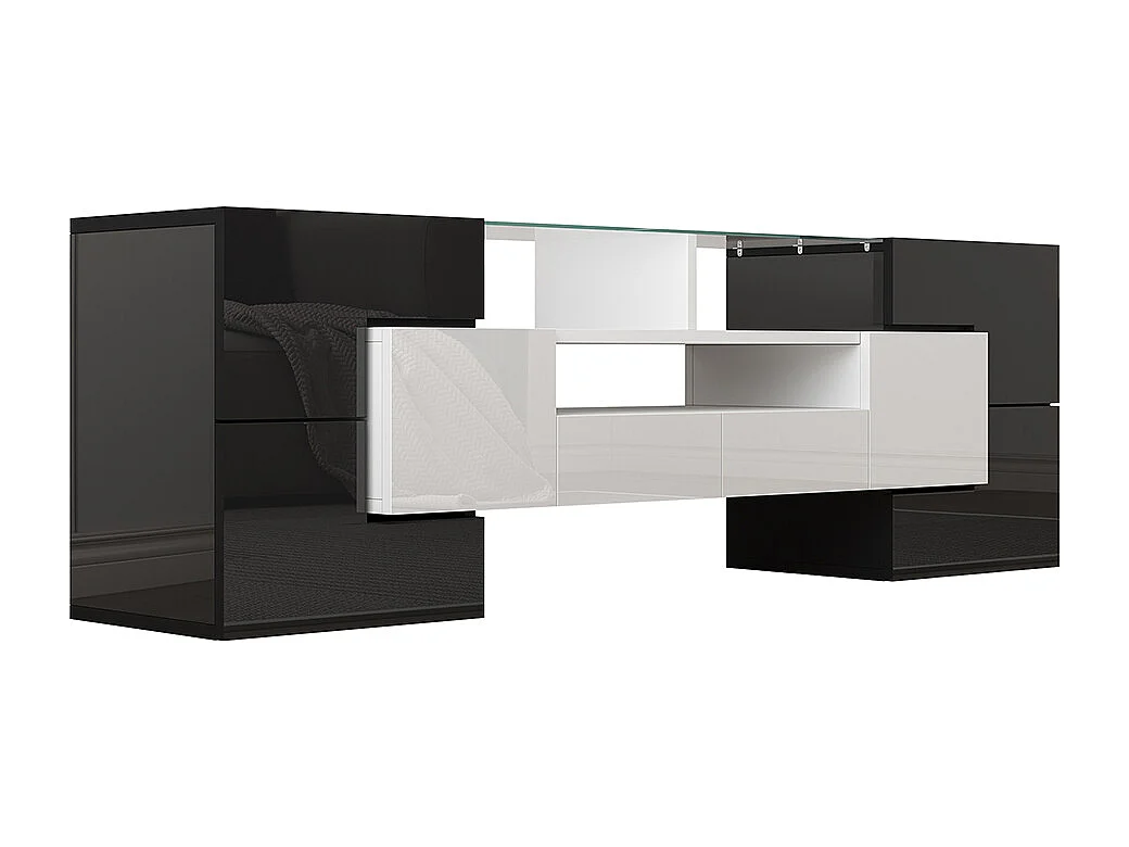 Meuble TV élégant meuble bas brillant 145 cm éclairage LED meuble de salon surface en verre élégante Blanc+Noir