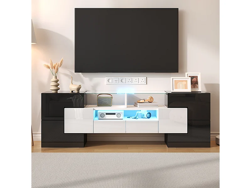 Meuble TV élégant meuble bas brillant 145 cm éclairage LED meuble de salon surface en verre élégante Blanc+Noir