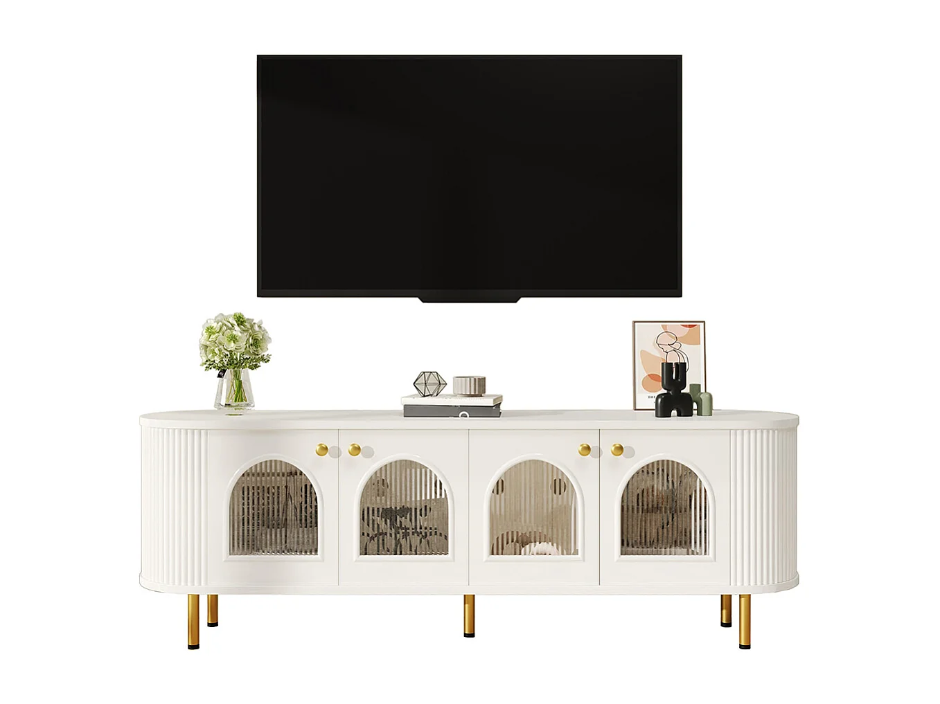 Meuble TV meuble bas avec portes vitrées meuble de rangement pratique pour le salon poignées et pieds dorés Blanc