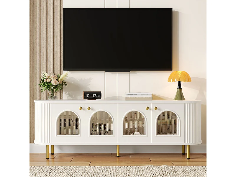 Meuble TV meuble bas avec portes vitrées meuble de rangement pratique pour le salon poignées et pieds dorés Blanc