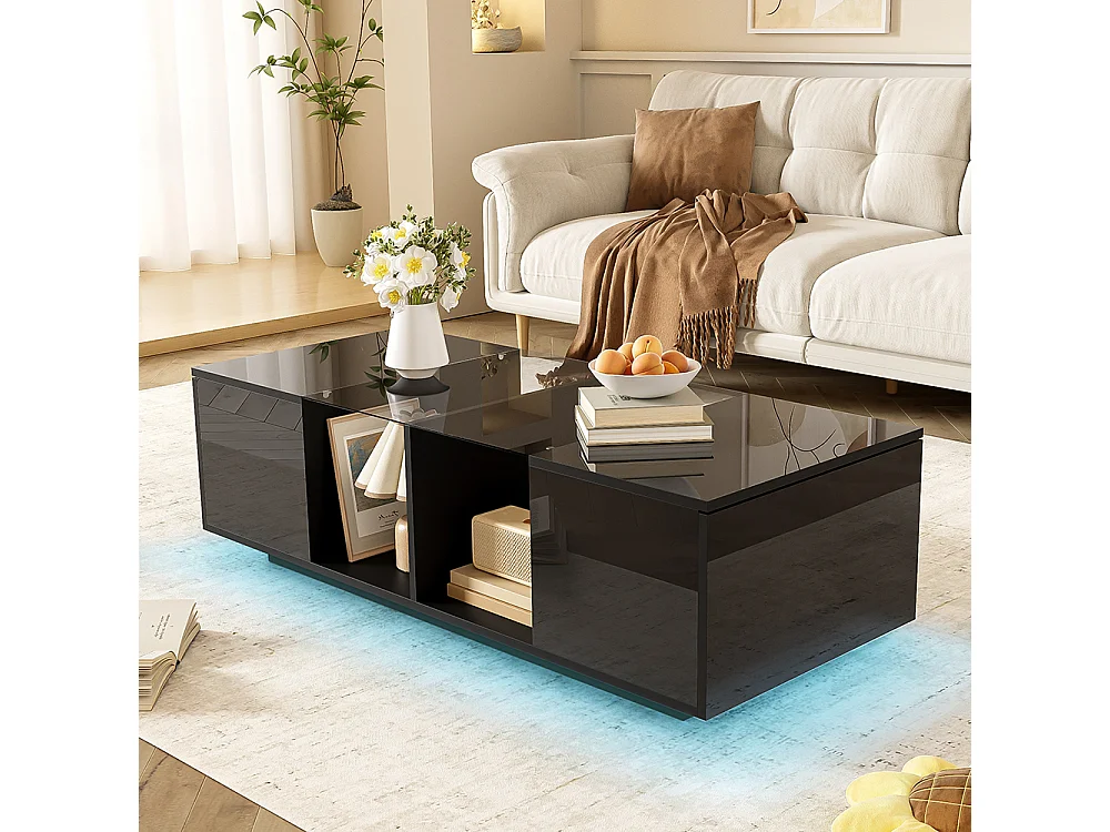 Table basse avec éclairage LED plateau brillant Noir