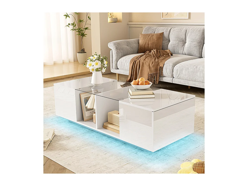 Table basse avec éclairage LED plateau brillant Blanc